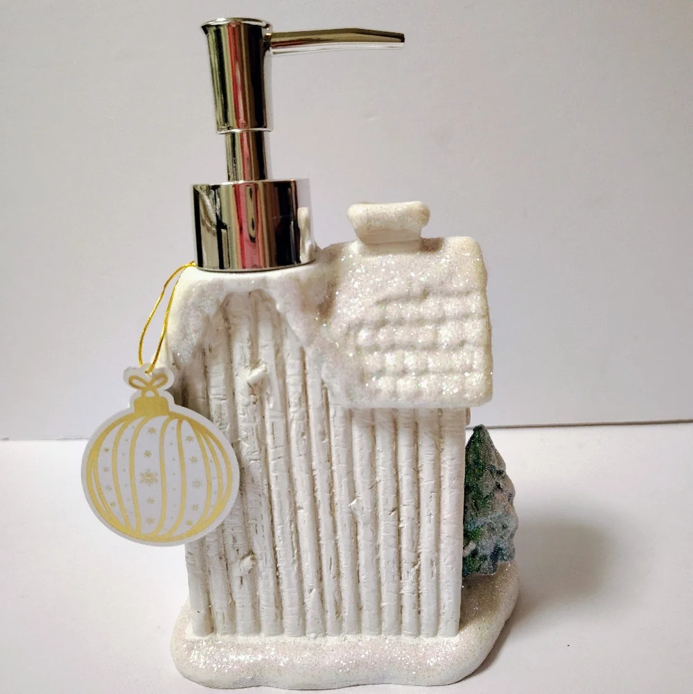 NWT Christmas Ceramic Glitter Village House Soap Lotion Dispenser Holiday Decor